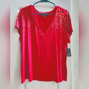 INC Red Sequin V-Neck T-shirt